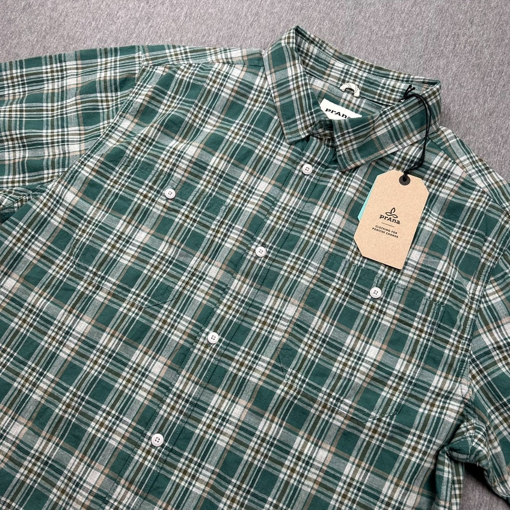 Prana Watchman Button Up Short Sleeve Shirt Mens Large Green Plaid Cotton NEW
